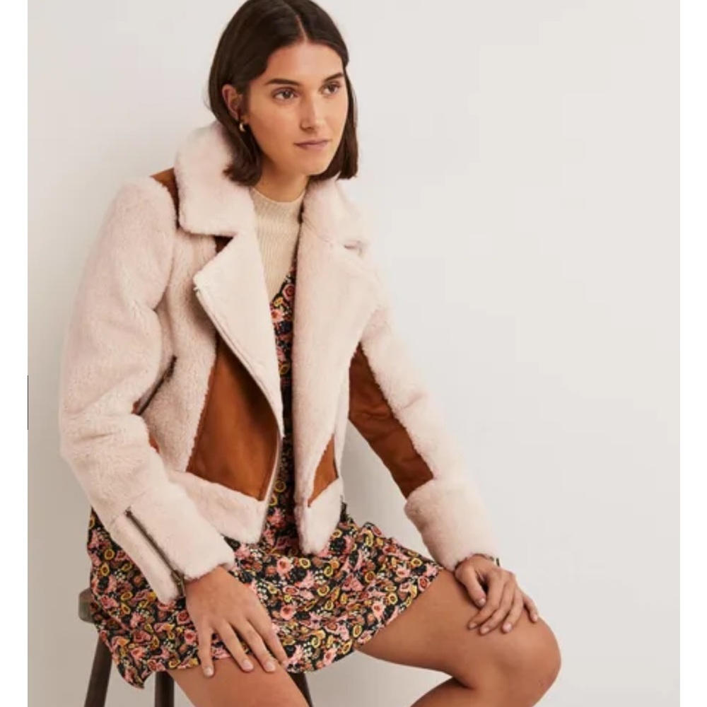 Boden Faux Shearling Biker Jacket  Brown Sz 12 NWT
